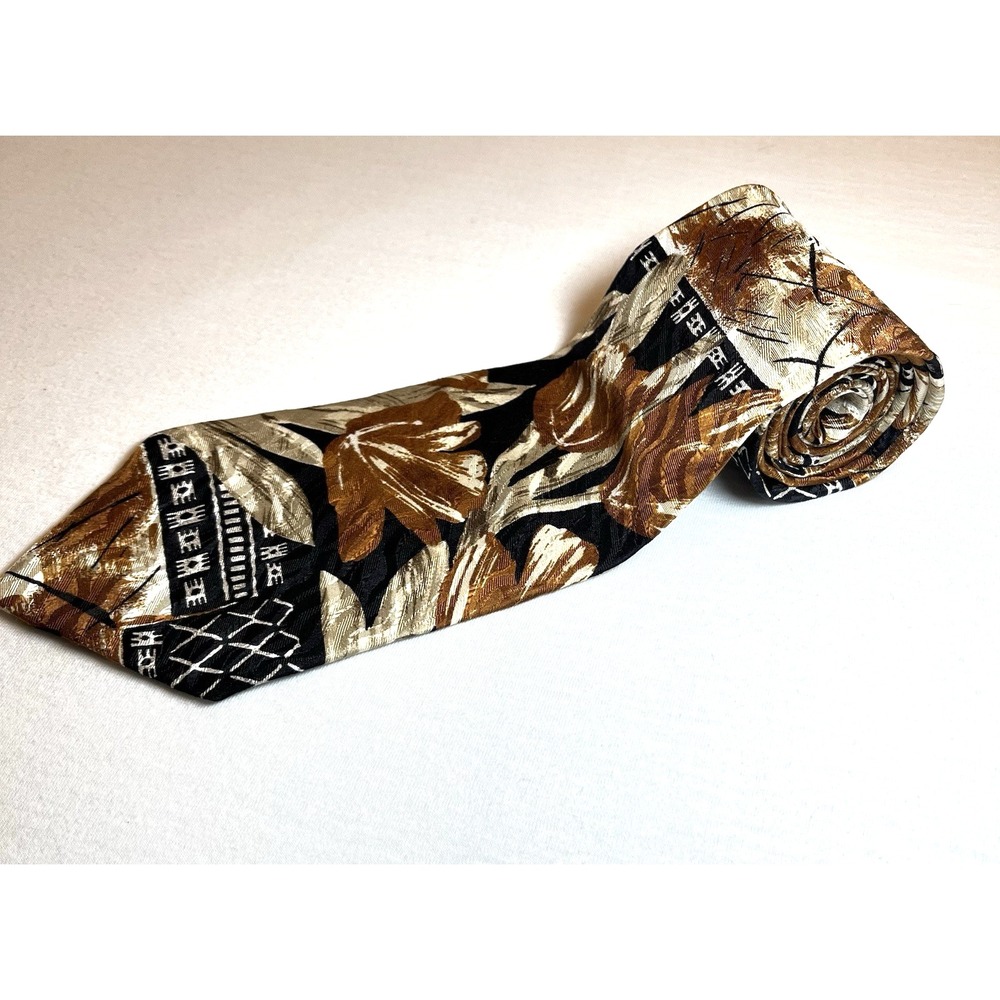 Bugatti 4" Men's Necktie Tie Brown Abstract Floral 100% Italian Silk USA Vintage